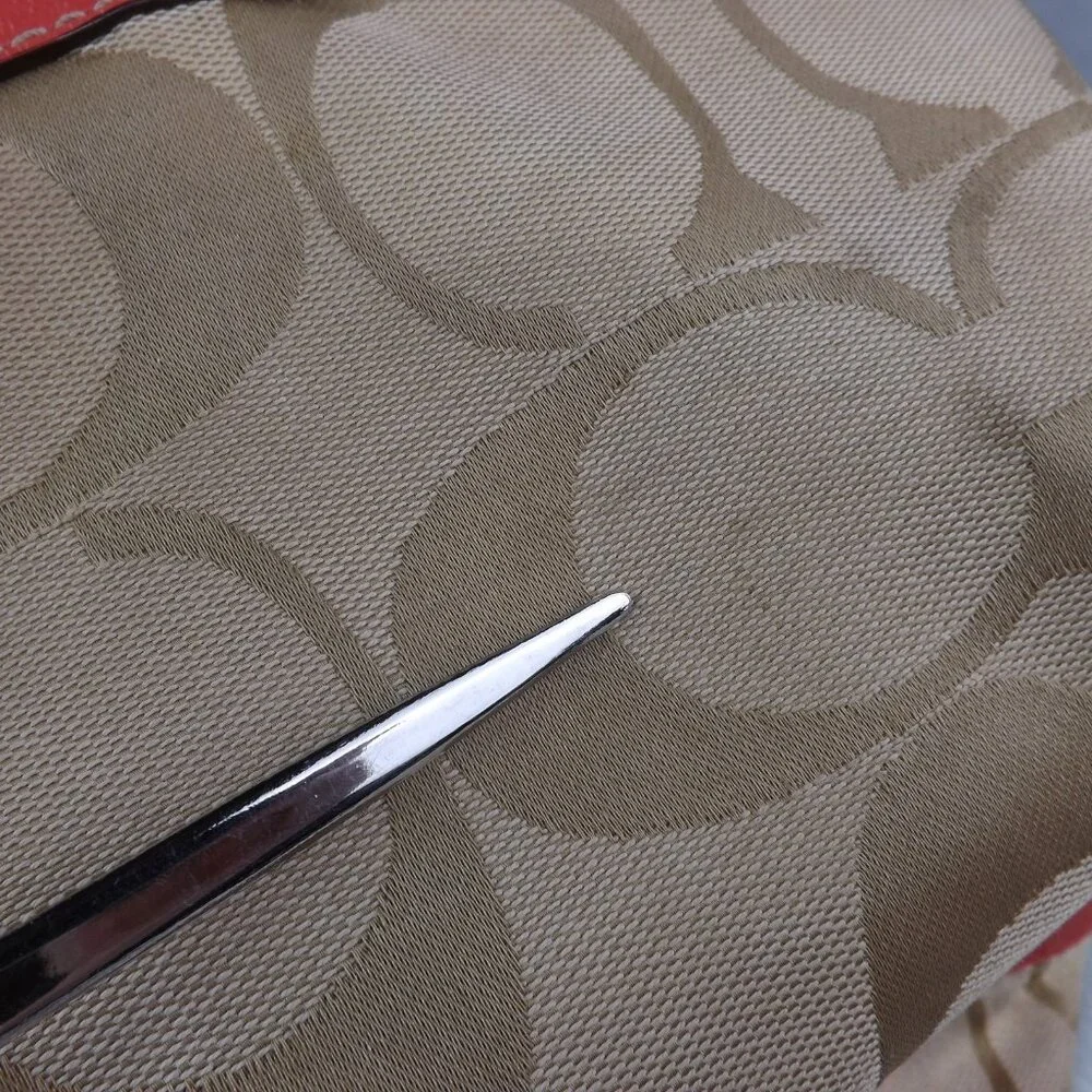 Coach Signature Stripe Tote/Bag/Purse Pink & Khaki Leather & Canvas E1020-F15112